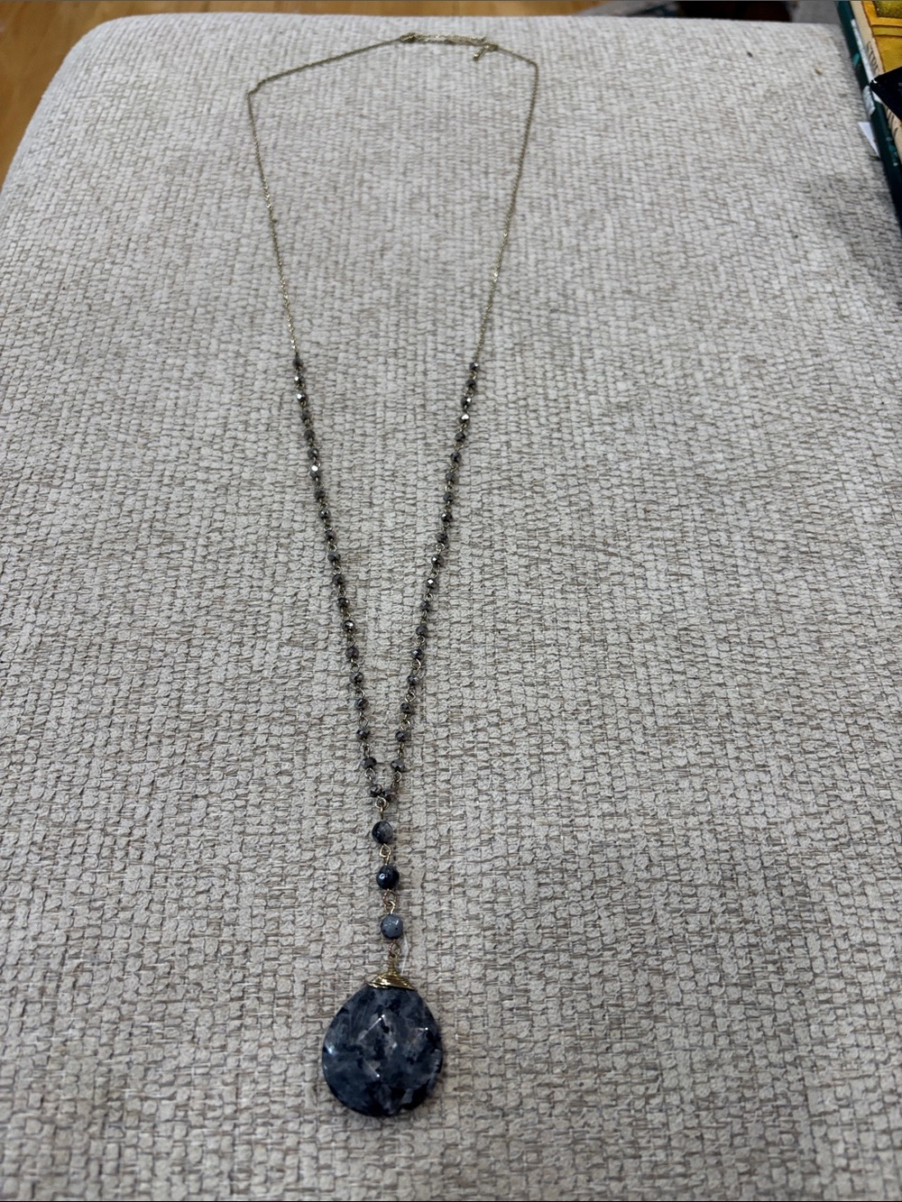 Gold Chain Necklace with Blue-Grey Stone Pendant